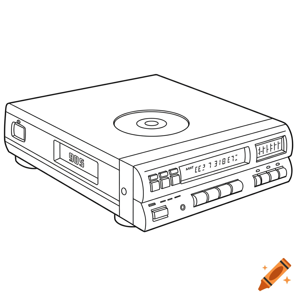 Black and white outline drawing of a 90s CD player.