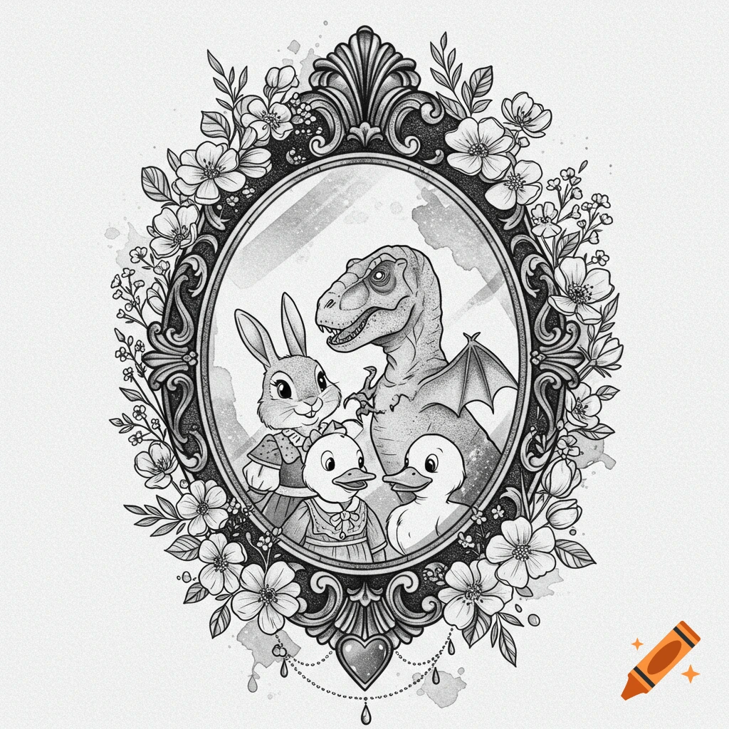 Black and white illustration of a bunny, T-rex, and ducks in an ornate floral frame.