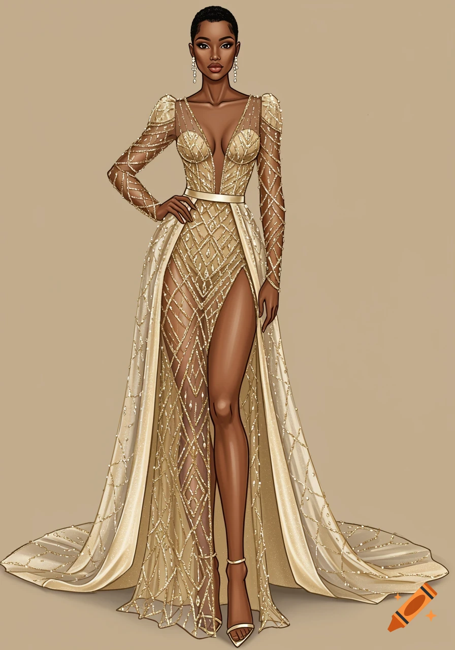 An illustration of a woman in a long, sparkling gold dress with a high slit and sheer sleeves.