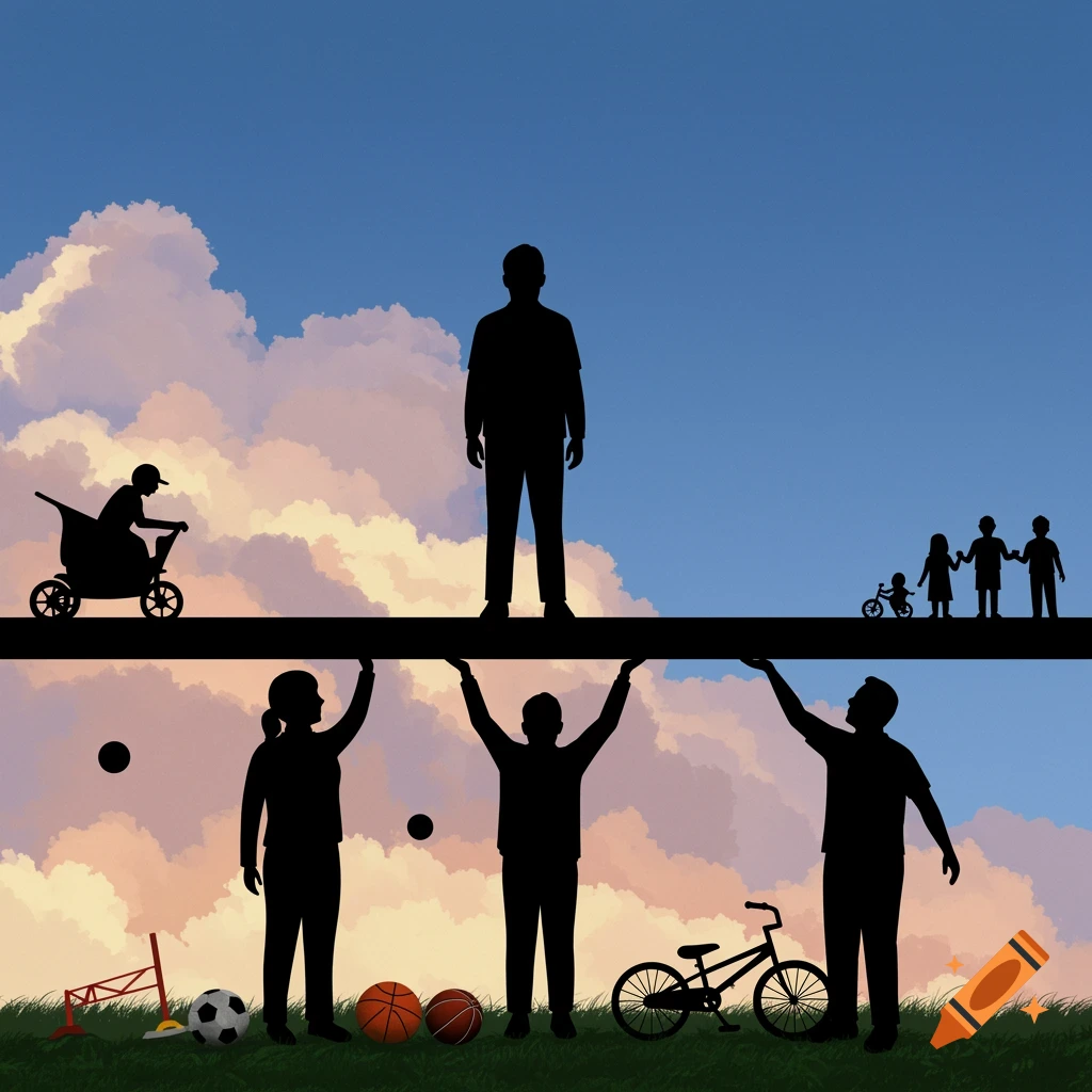 Silhouettes of a man standing on a platform held up by adults, with childhood items and children around.