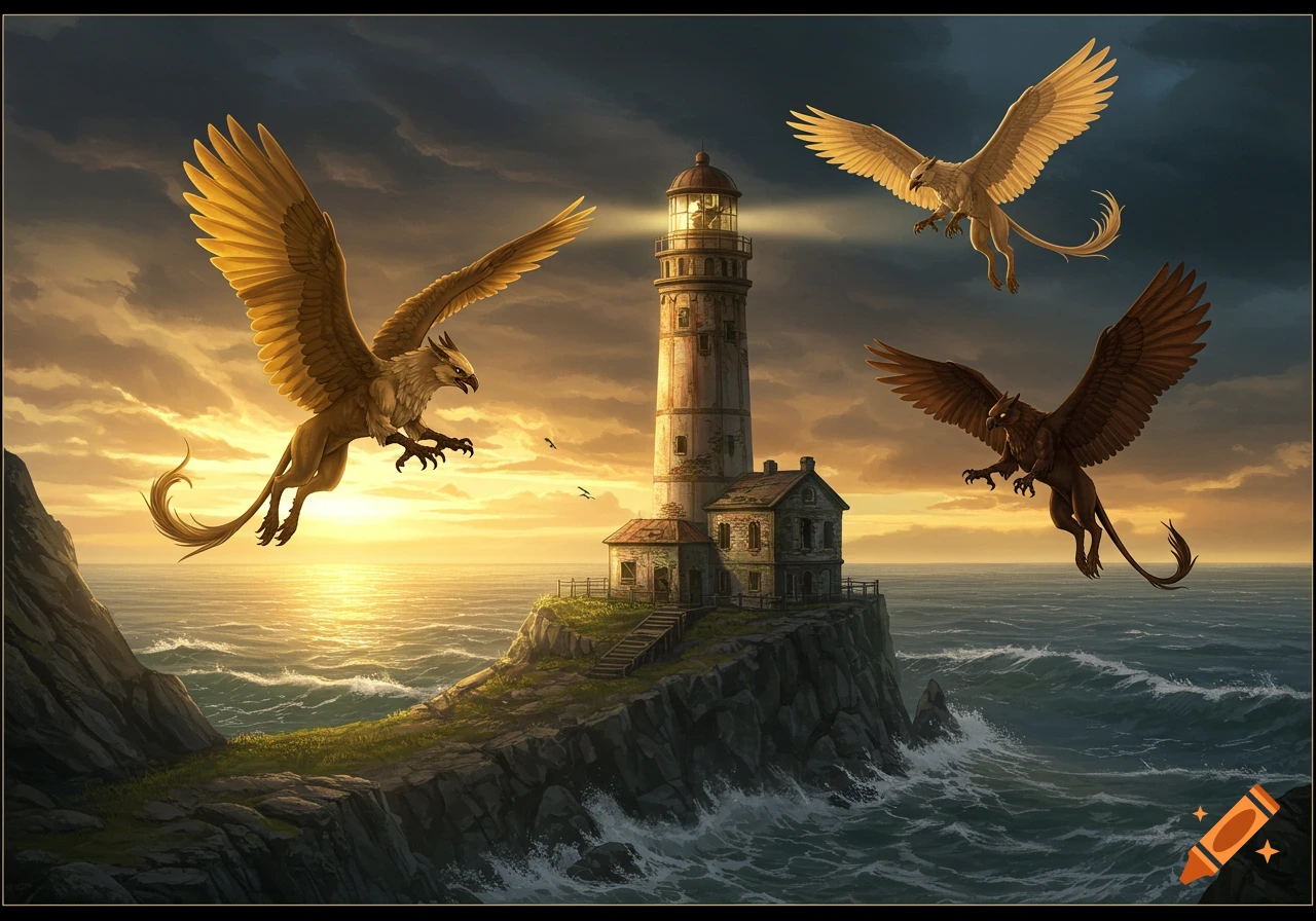 Three griffons fly around a lighthouse on a cliff at sunrise or sunset, fantasy art style.