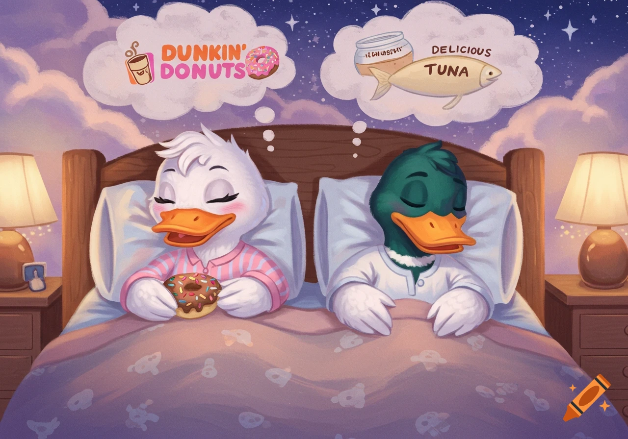 Two cartoon ducks sleep in bed, one dreaming of Dunkin' Donuts, the other of delicious tuna.