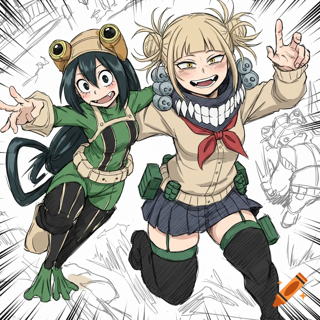 Anime sketch of Tsuyu Asui and Himiko Toga from My Hero Academia posing together