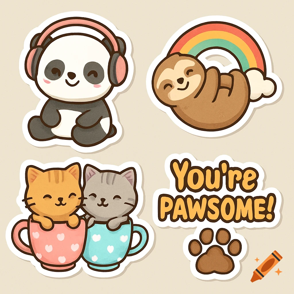 Cute animal stickers: panda with headphones, sloth on rainbow, kittens in cups, text 'You're Pawsome!'