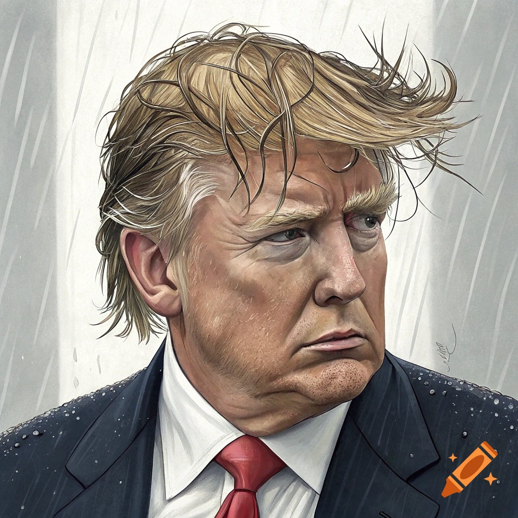 Caricature of Donald Trump with wet hair standing in the rain