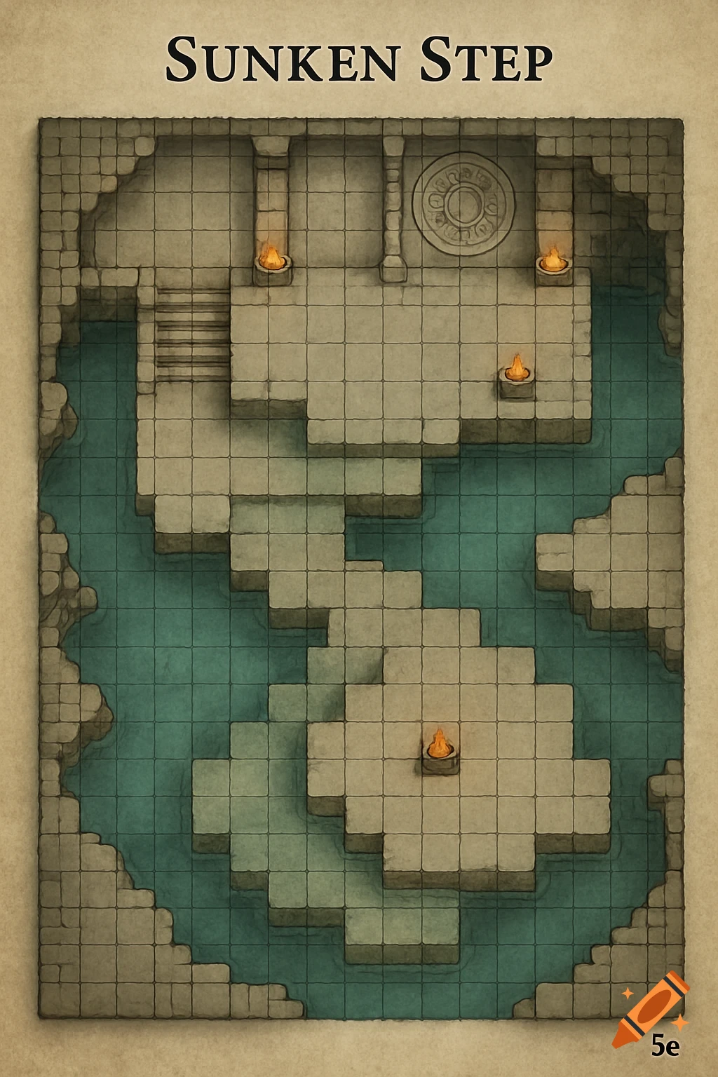 Top-down fantasy battle map of a sunken temple or shrine with water, platforms, stairs, torches, and a grid.