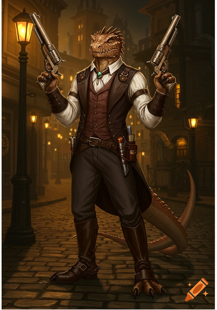 A lizardfolk character in a steampunk outfit holds two revolvers on a gaslit street.