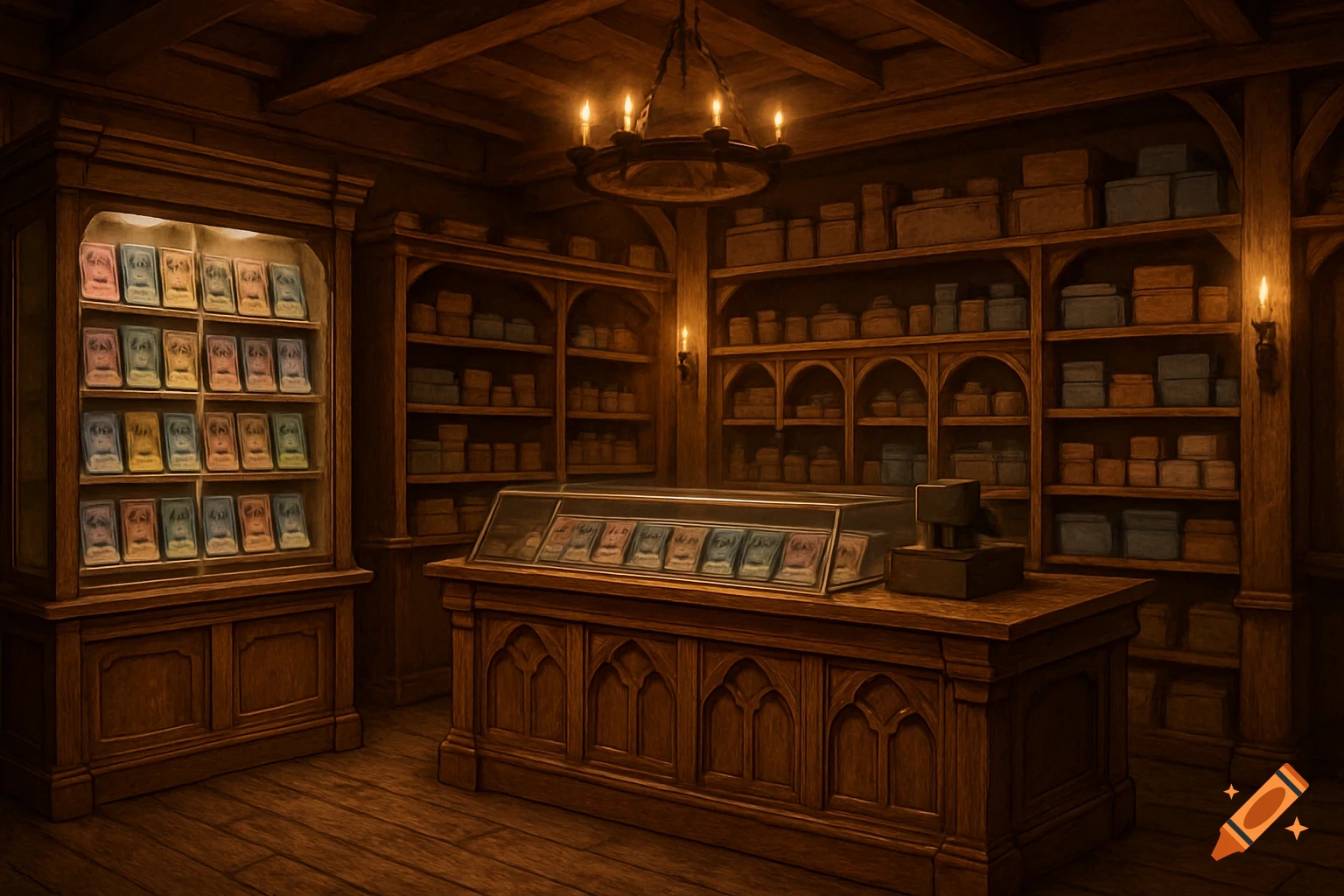 Interior of a fantasy tavern shop with wooden shelves full of boxes and a display case of trading cards.