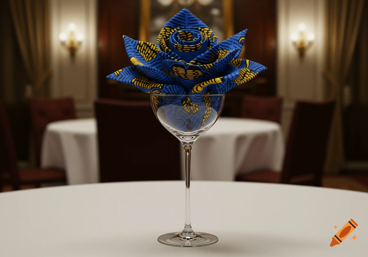 A photorealistic render of a blue and gold African print fabric folded like a flower, sitting in a wine glass on a white table in a formal dining room.