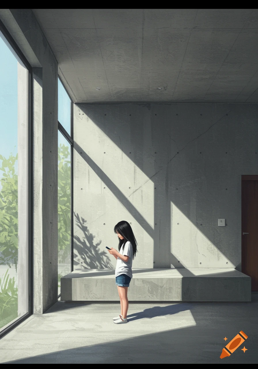 A girl stands in a sunlit concrete room looking at her phone.