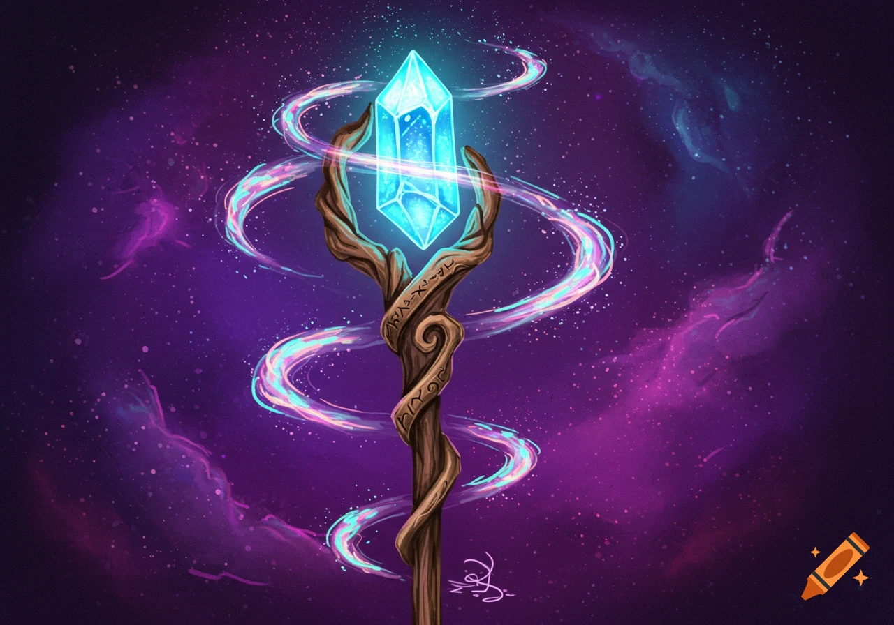 A fantasy staff with a glowing blue crystal held by gnarled wood, surrounded by swirling magic energy against a starry purple space background.