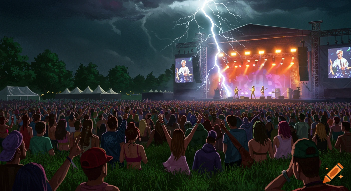Illustrative view of a large crowd watching a band on stage at an outdoor music festival under a lightning strike.