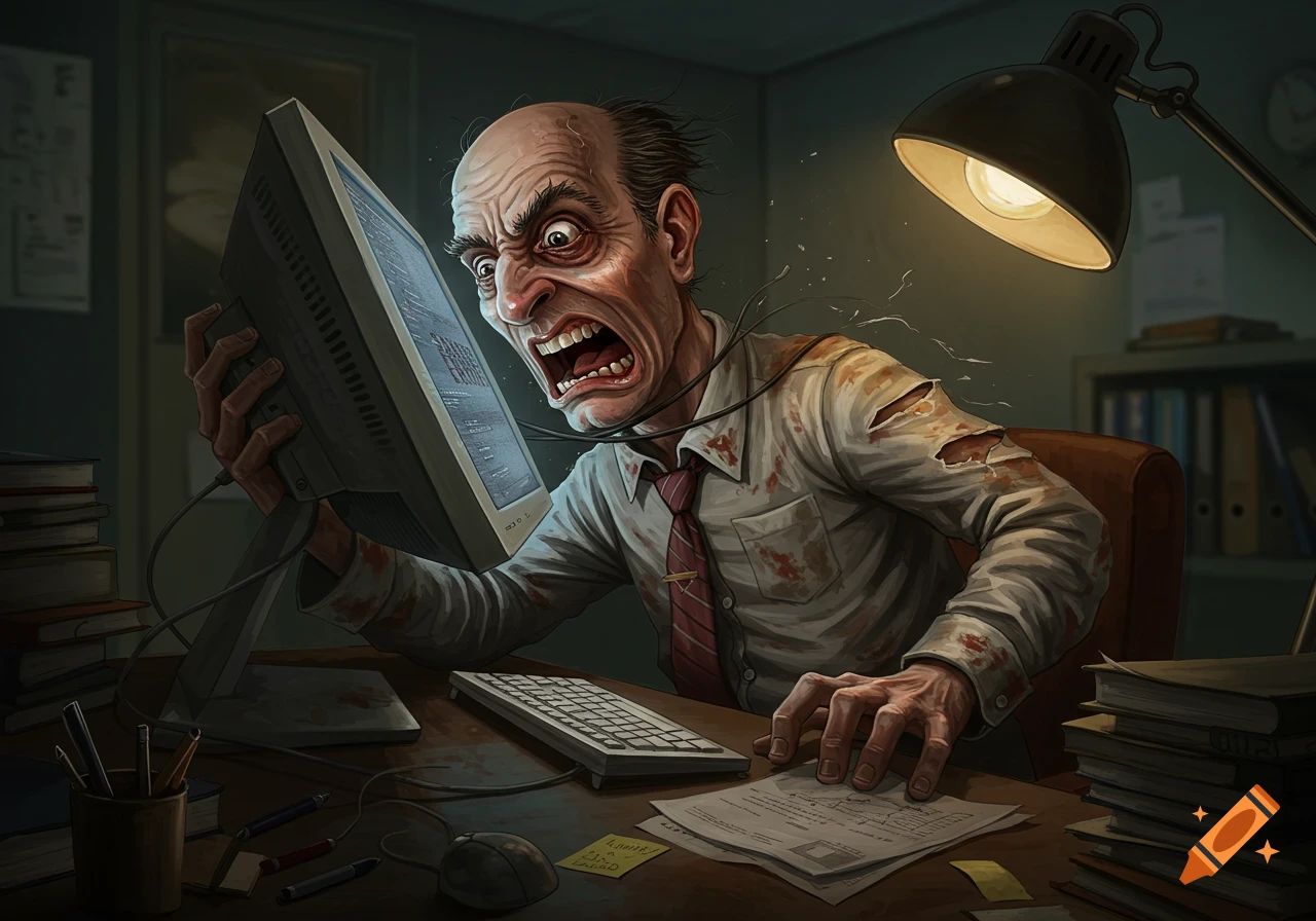 Cartoonish office worker angrily strangling his computer monitor
