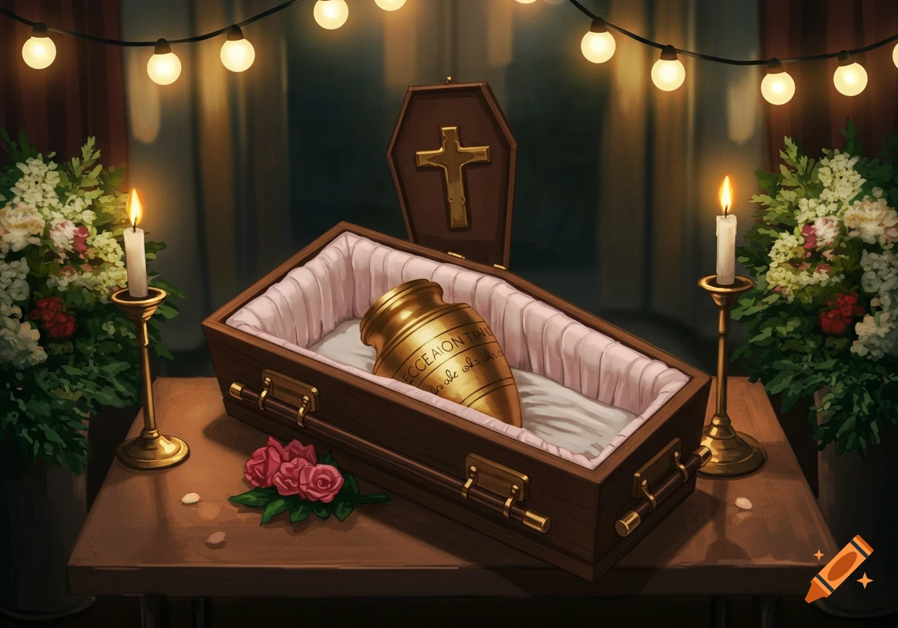 A funeral scene shows a small open coffin with a gold urn inside, surrounded by candles and flowers.