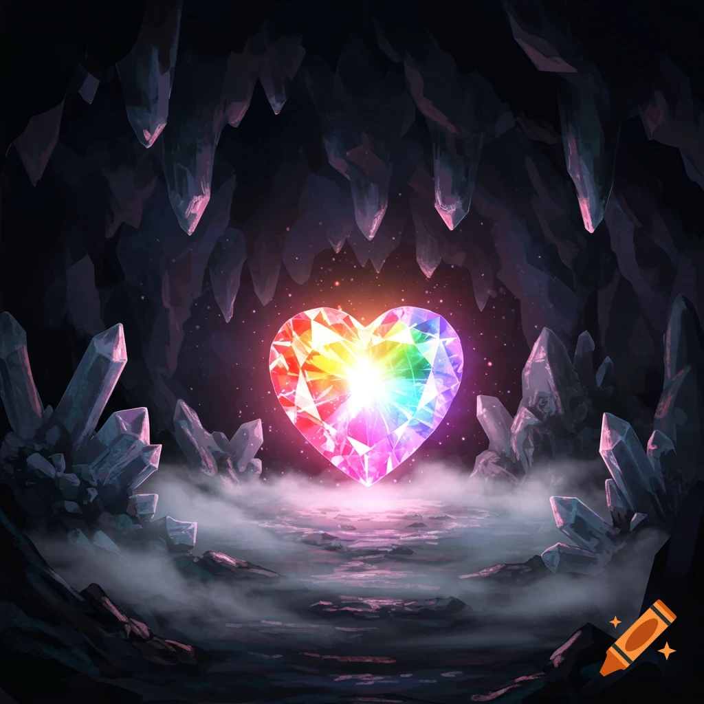A glowing rainbow heart-shaped gem sits in the center of a dark cave filled with crystals and mist.