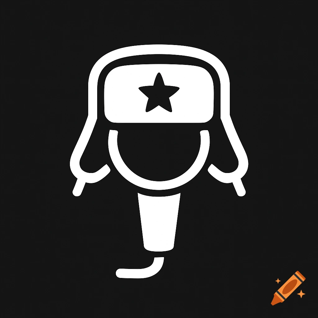 Simple white icon of a microphone wearing a Russian ushanka hat with a star on a black background.