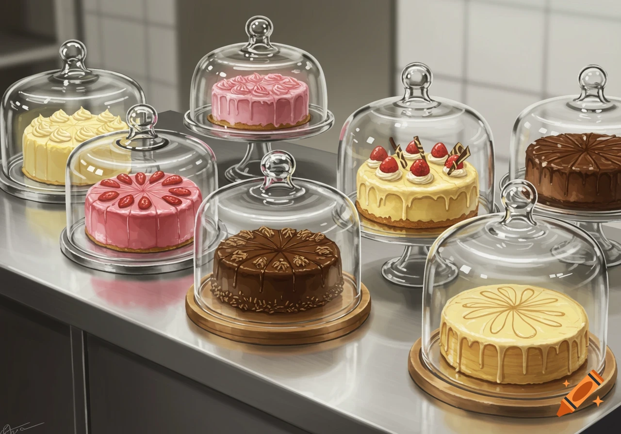Multiple cakes under glass domes on a counter, illustrated style