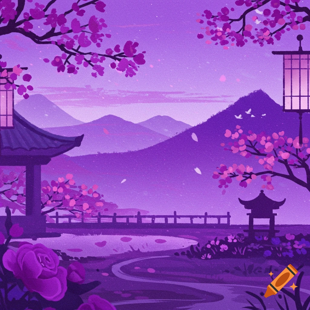 Purple illustration of a serene Asian landscape with pagodas, cherry blossoms, mountains, and roses.