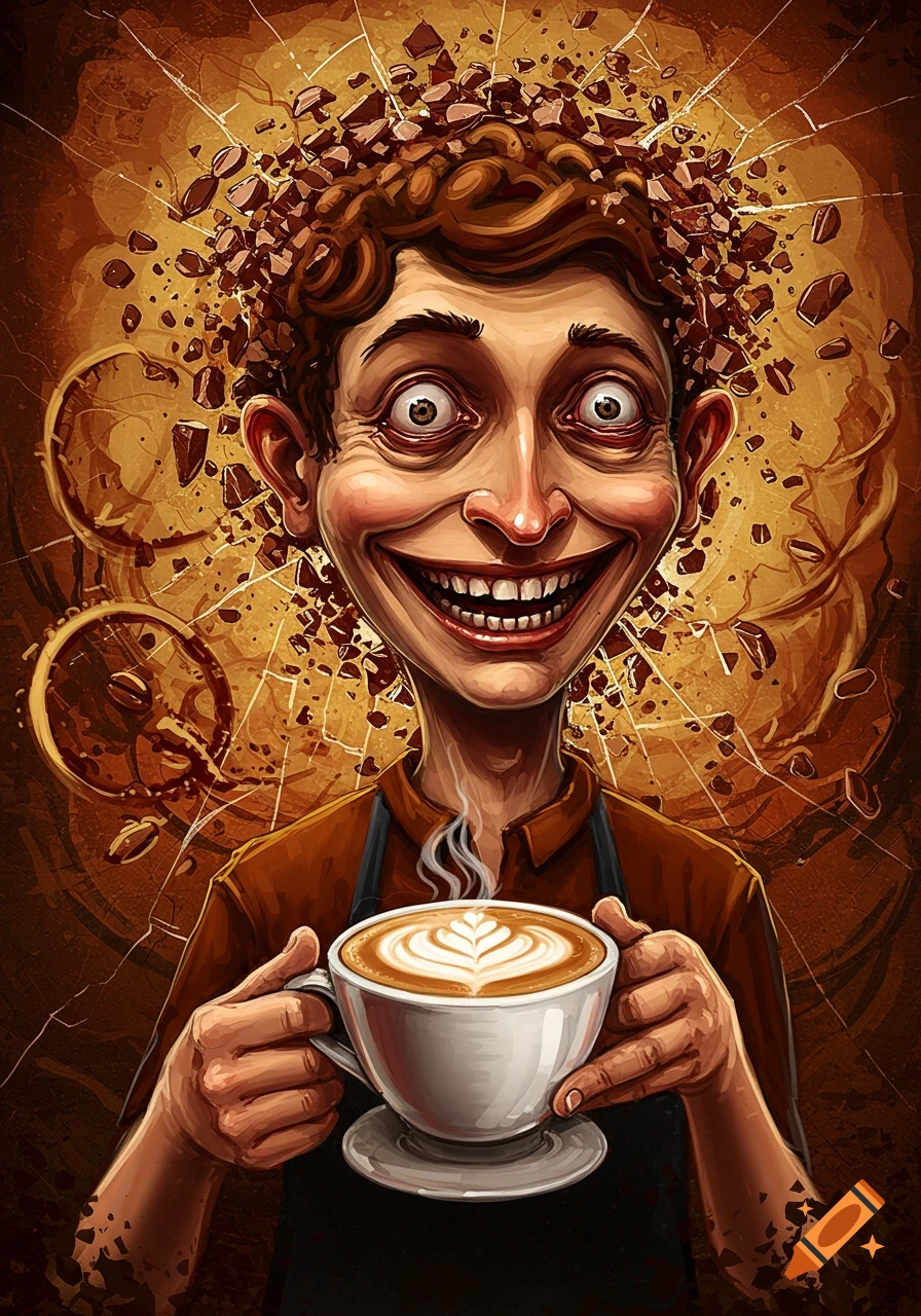 Stylized caricature of a wide-eyed, grinning person holding a steaming coffee cup with latte art.