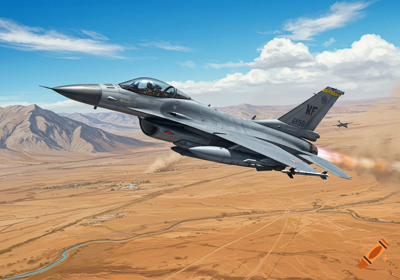 Digital illustration of a grey fighter jet flying over a desert landscape