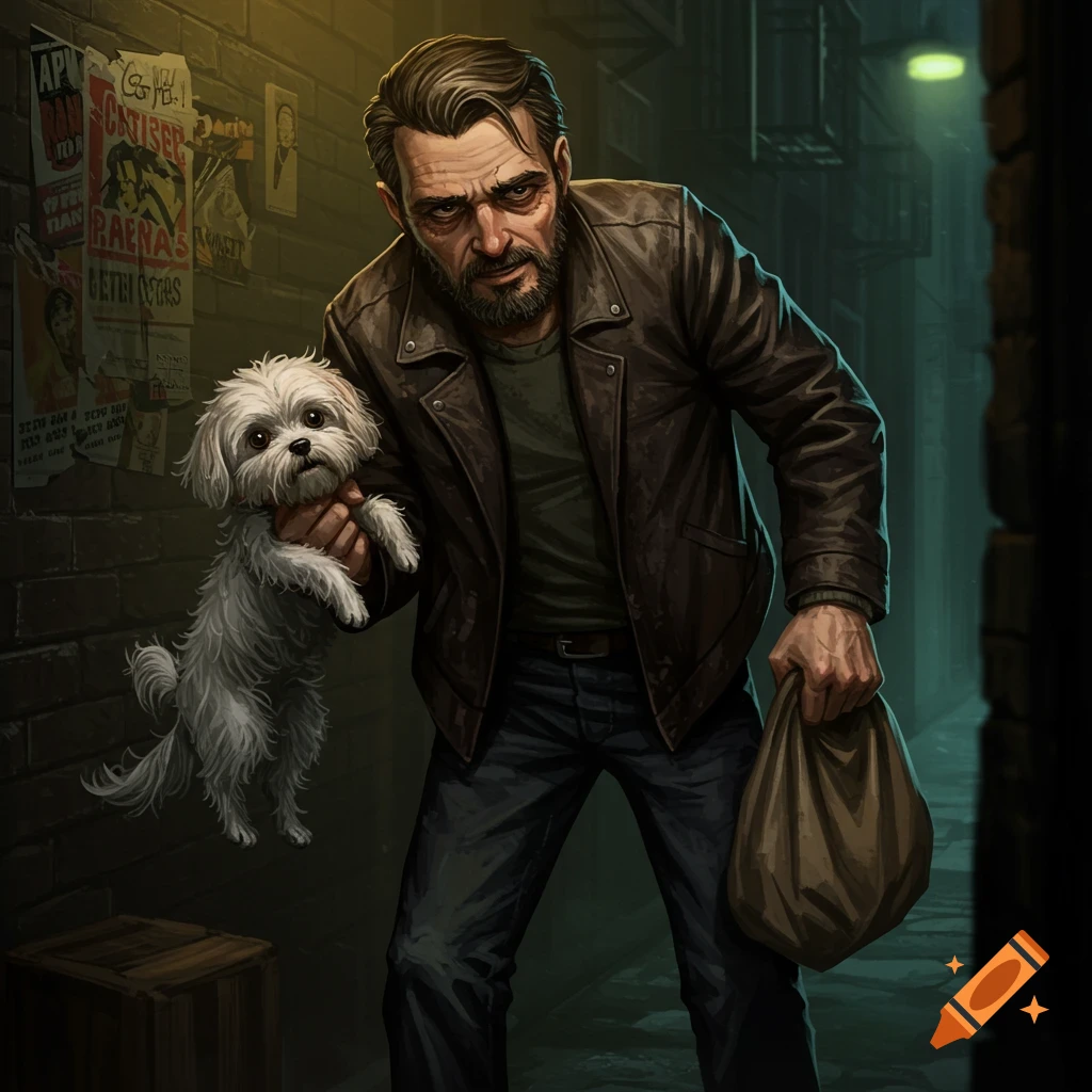 A man holds a small dog in a dark alley. He carries a bag and posters are on the brick wall behind him. Illustrative style.