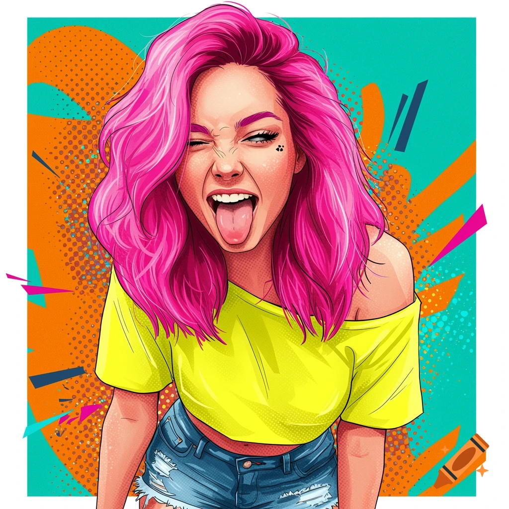 Vector art portrait of a woman with pink hair sticking out her tongue