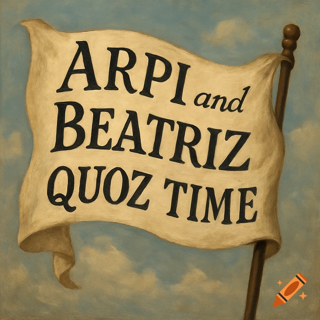 A painted banner with the text 'ARPI and BEATRIZ QUOZ TIME' waving against a sky background.