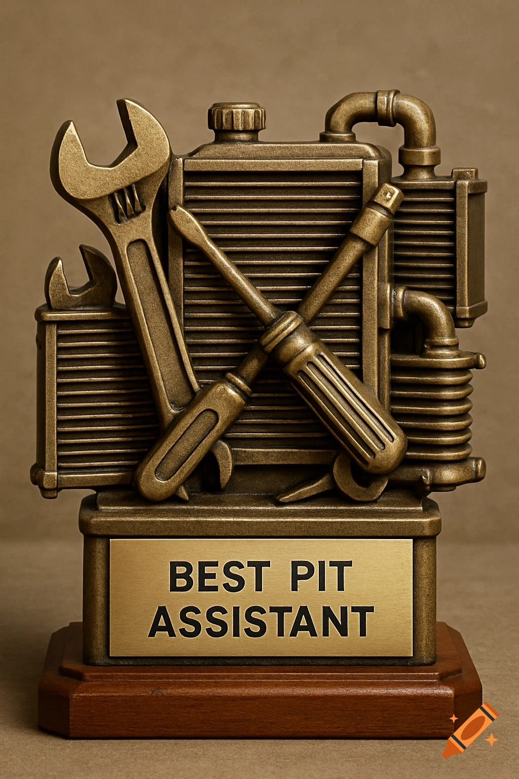 A bronze trophy with tools and a heat exchanger shape, labeled 'BEST PIT ASSISTANT'.