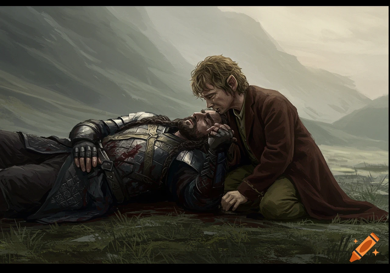 A small person in a brown coat kneels over a person in armor lying on the ground, bleeding, in a landscape.