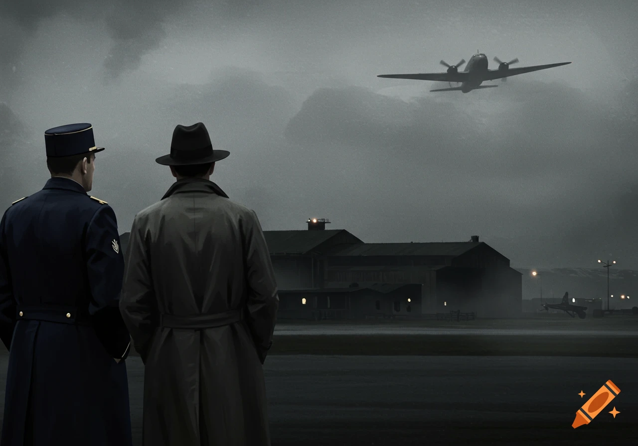 Two men in trench coats watch a twin-engine plane take off from a dark, misty airport.