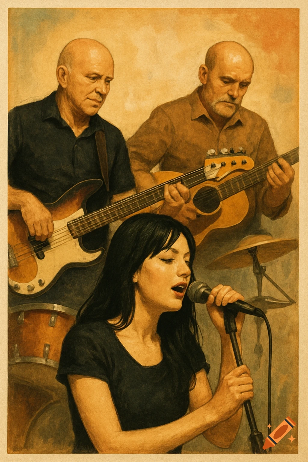 A painted portrait of a three-piece band featuring a female singer and two male guitar players.