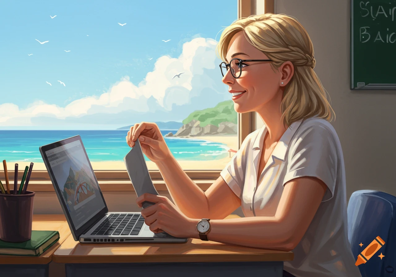 A female teacher smiles while sitting at her desk with a laptop, looking out at a summer beach. Illustration style.