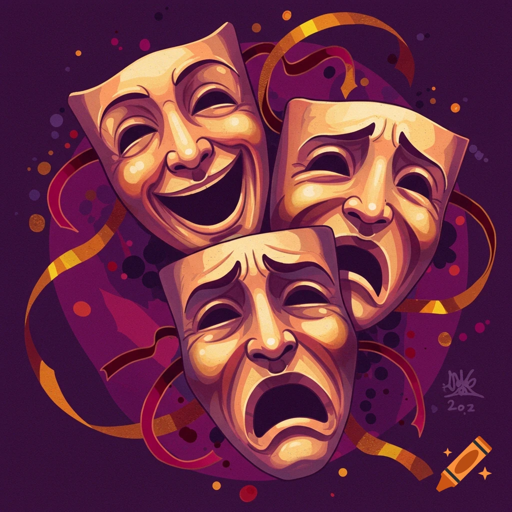 Illustration of three theater masks (comedy and tragedy) with ribbons and confetti on purple.