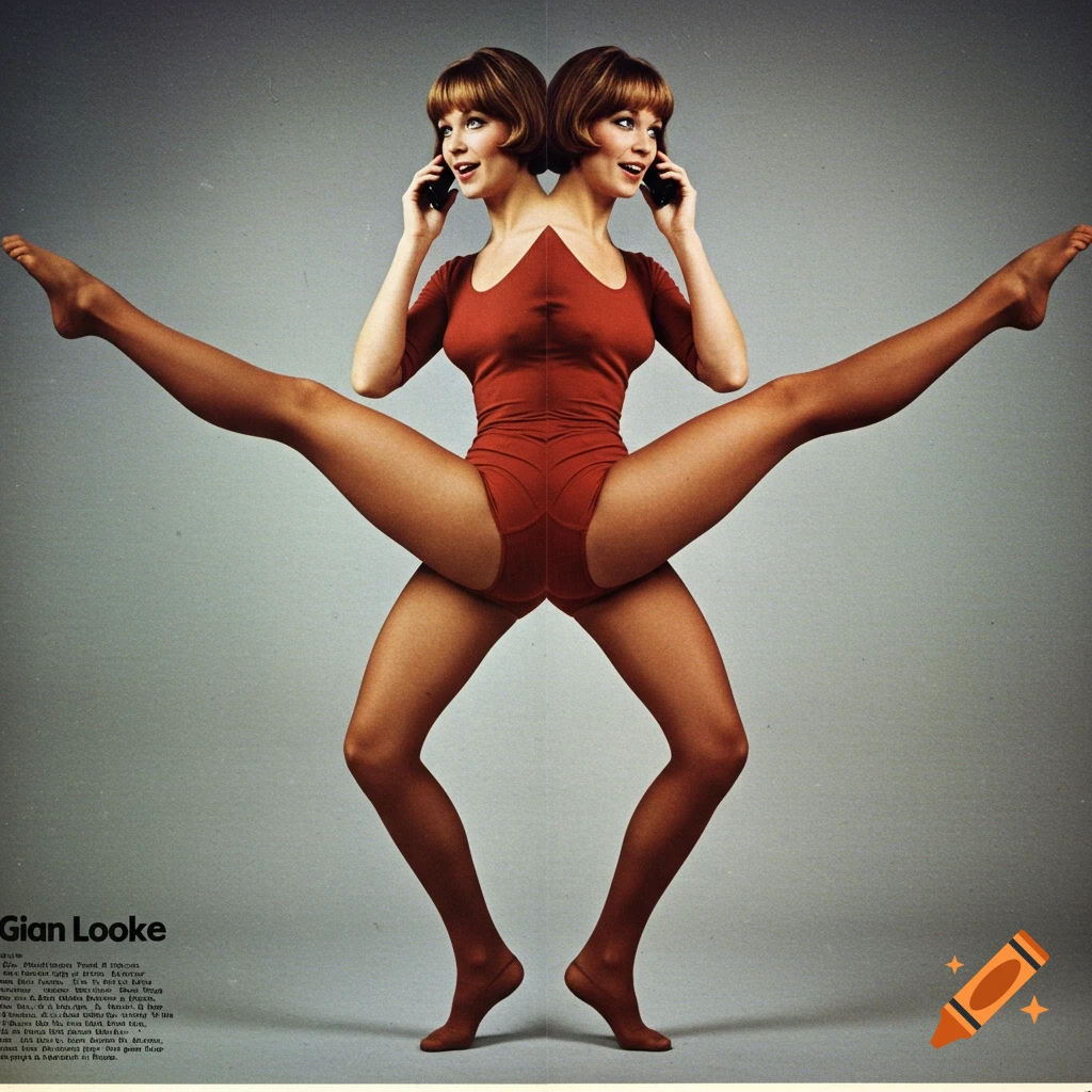 Two-headed woman in red leotard and tights in a symmetrical pose, talking on phones, vintage photo style.