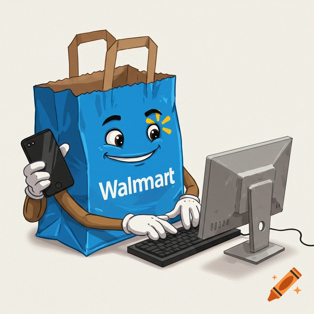 Cartoon blue shopping bag character uses a computer and holds a phone.