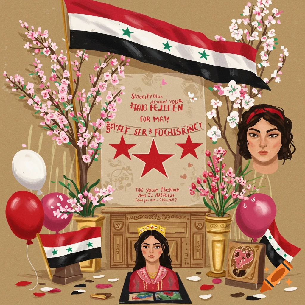 Illustration of a Syrian flag, cherry blossoms, balloons, and figures in a celebration scene.