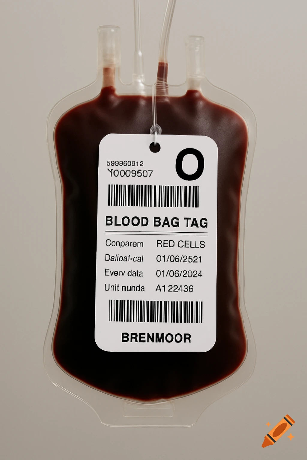 Close-up of a blood bag with a label.