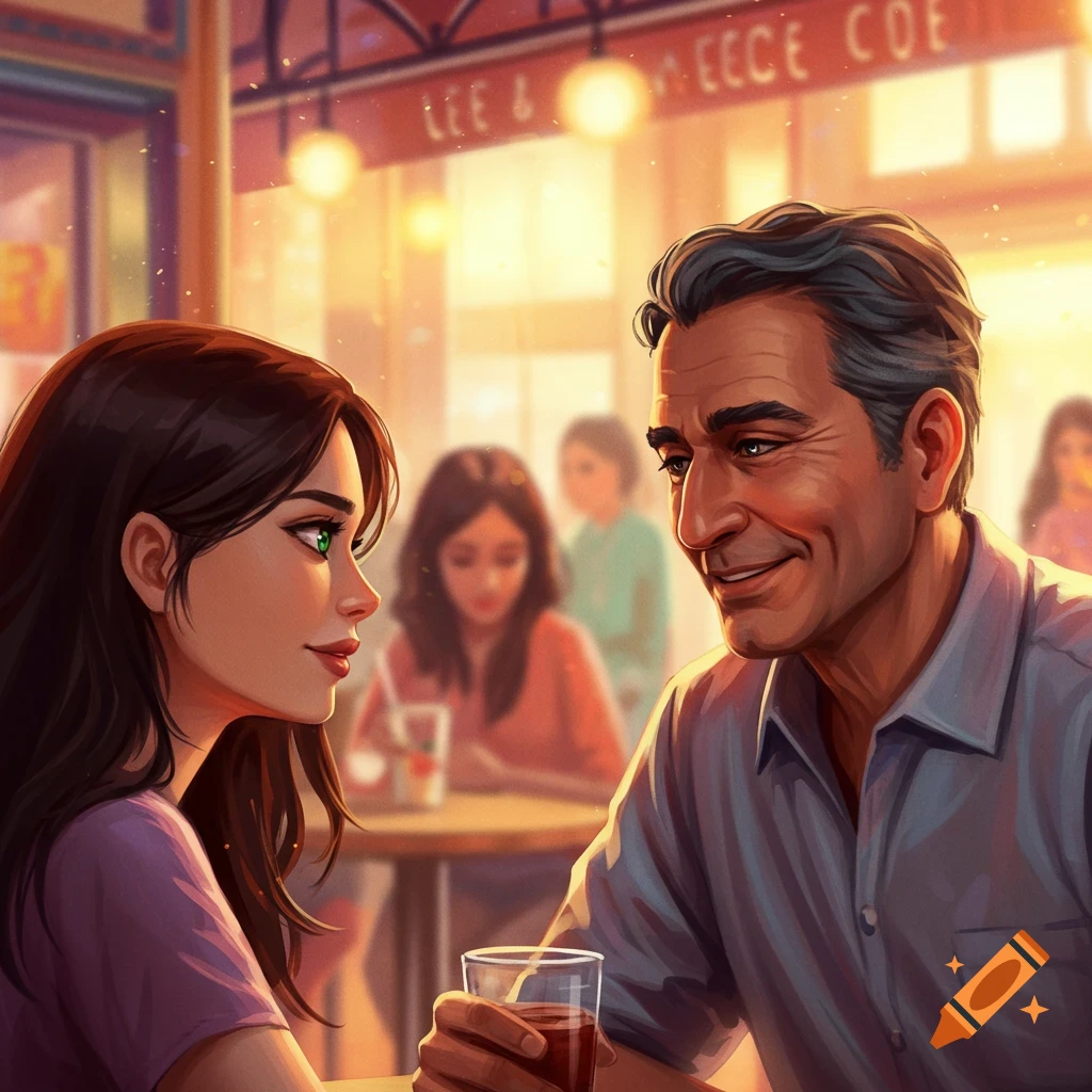 A couple smiles at each other across a table in a cafe, digital art.