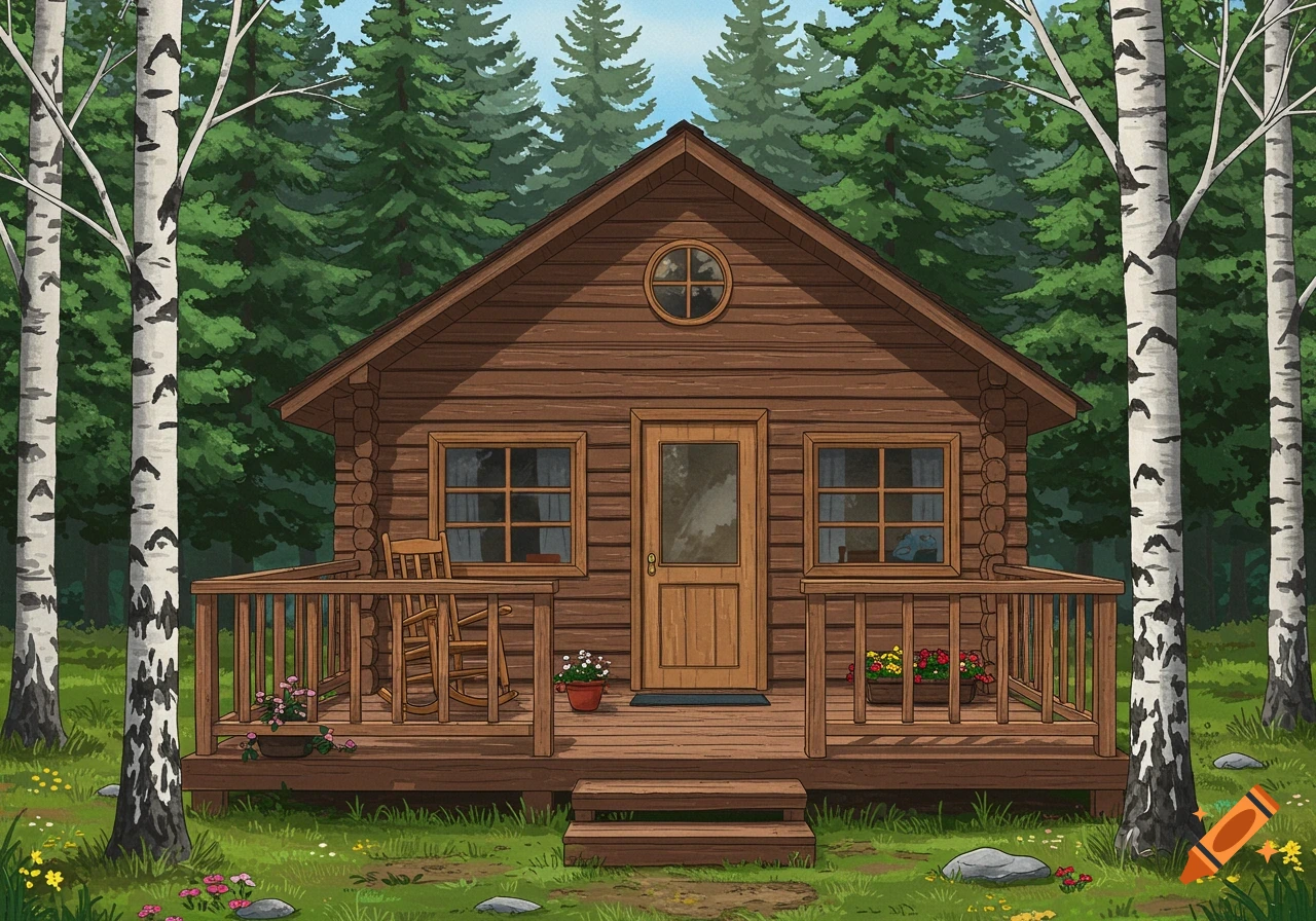An illustration of a log cabin with a porch and rocking chair in a forest of birch and spruce trees.