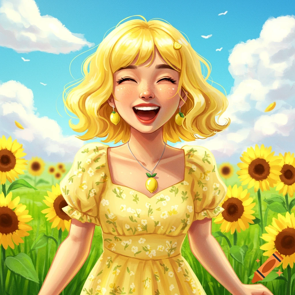 Cheerful cartoon girl in a yellow dress standing in a field of sunflowers under a blue sky