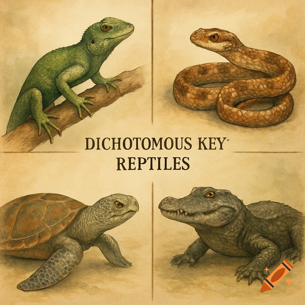 Four illustrated reptiles, a lizard, snake, turtle, and alligator, arranged around the text 'Dichotomous Key Reptiles'.