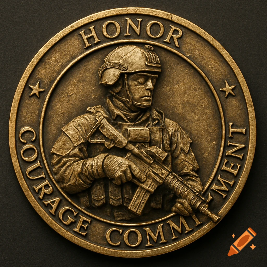 Bronze military coin with a soldier in profile holding a rifle, text reads Honor, Courage, Commitment.