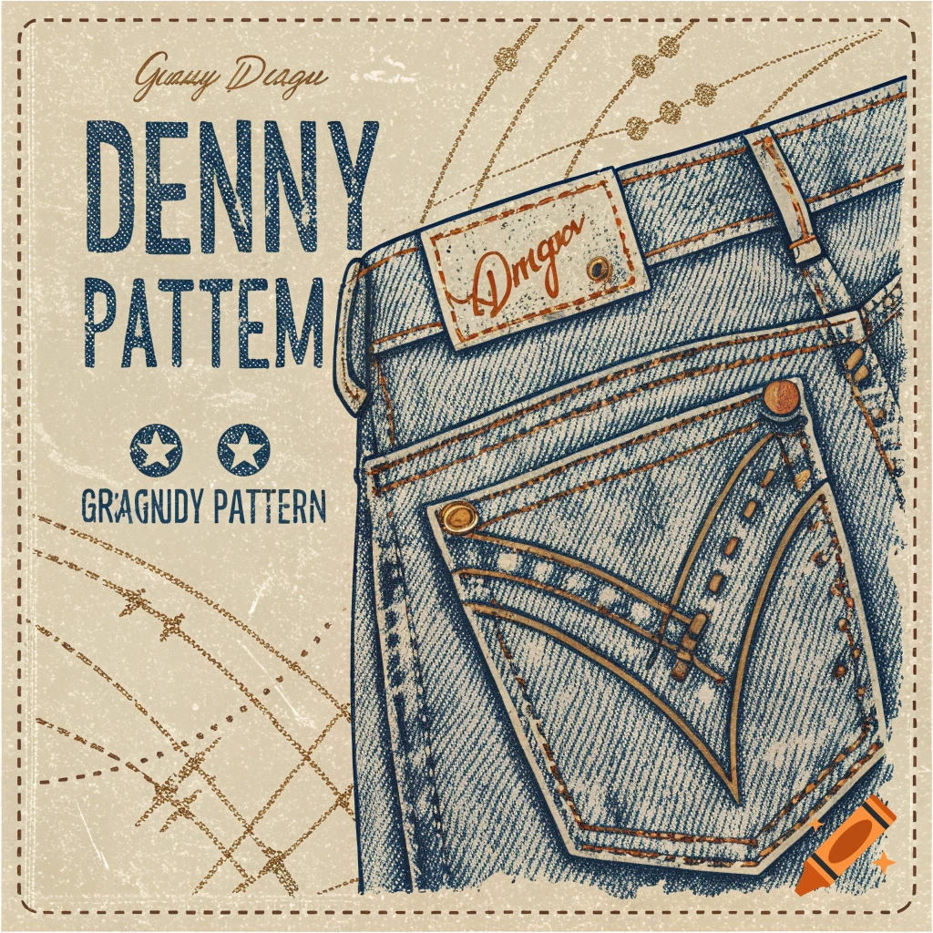 Vintage illustration of blue denim jeans back pocket and waistband with text overlays