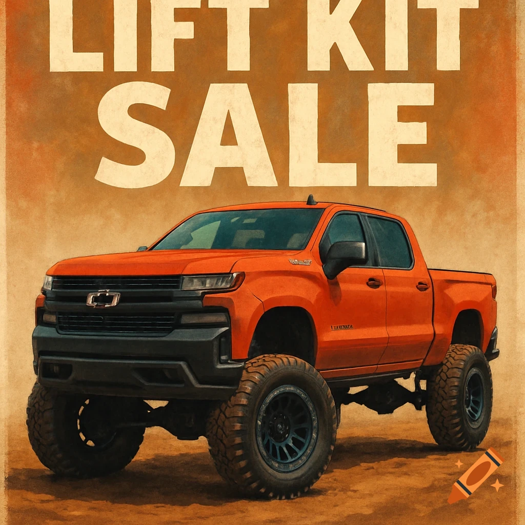 Vintage poster of an orange lifted Chevy Silverado pickup truck with "LIFT KIT SALE" text above.