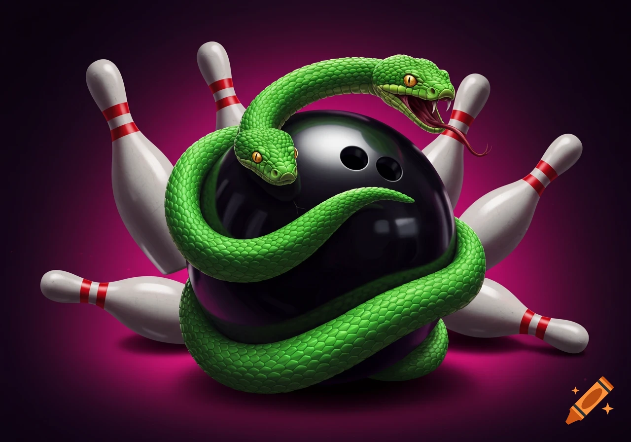 Two green snakes wrapped around a black bowling ball with bowling pins in the background