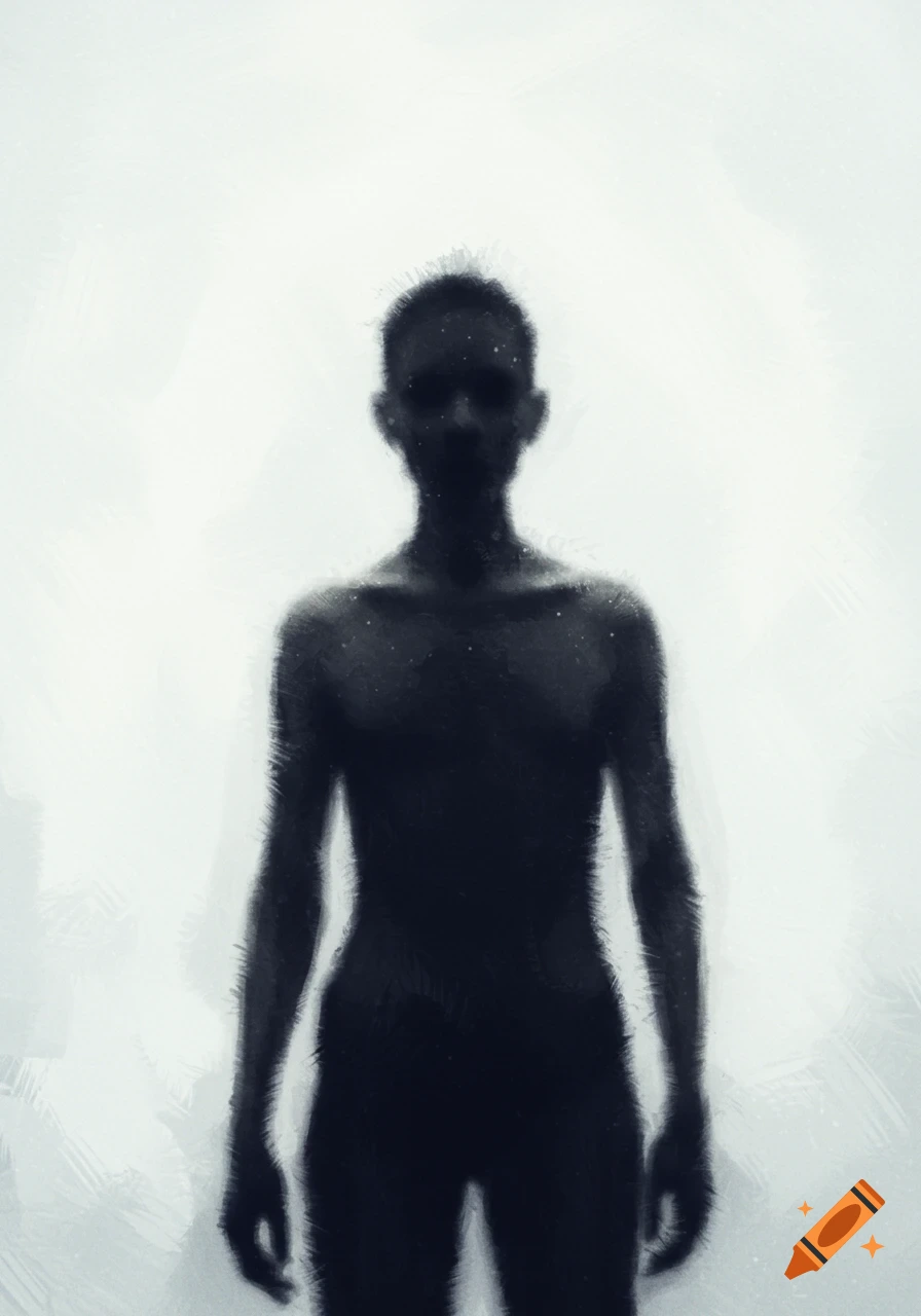 Dark, shadowy figure silhouette against a bright white background in a painterly style.
