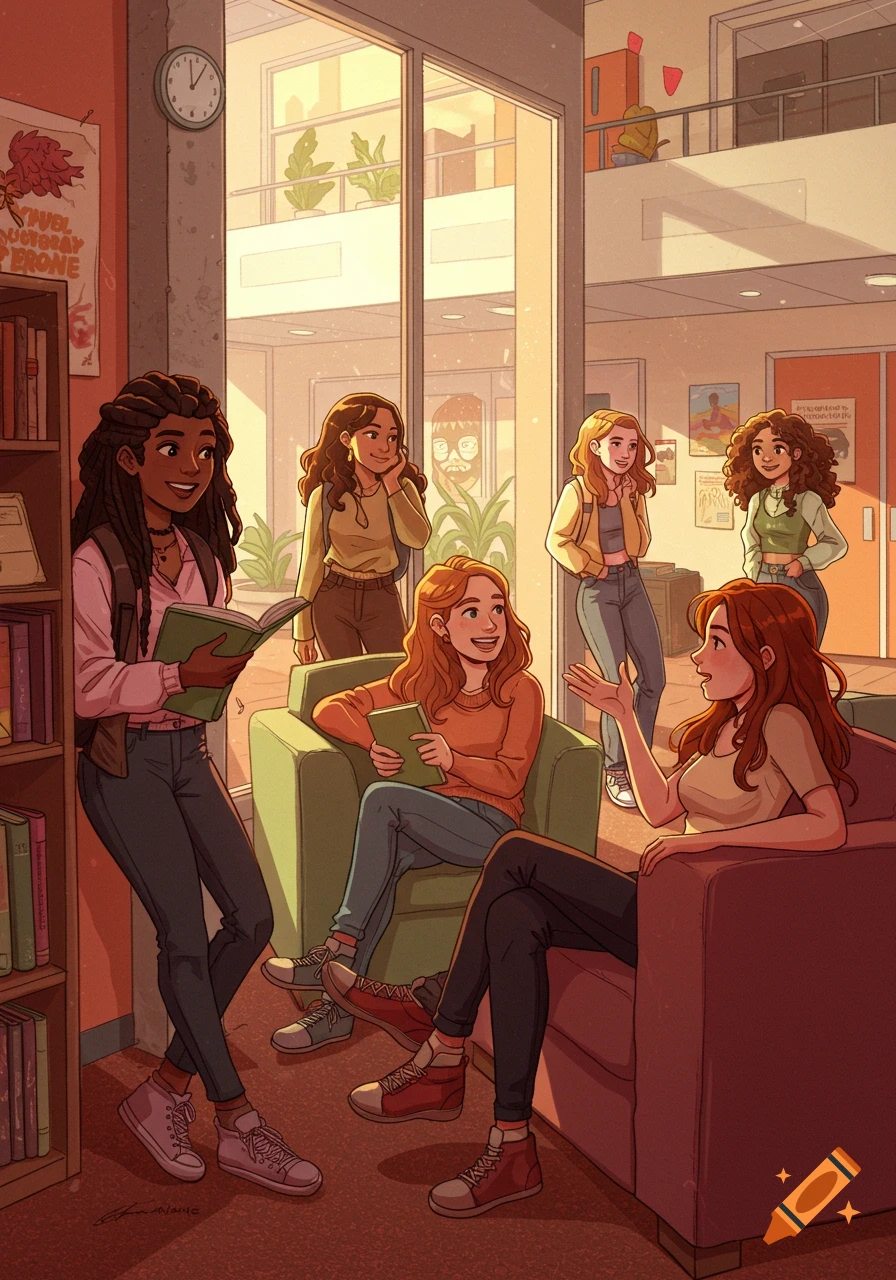 Illustration of a group of young women talking and reading in a university library.