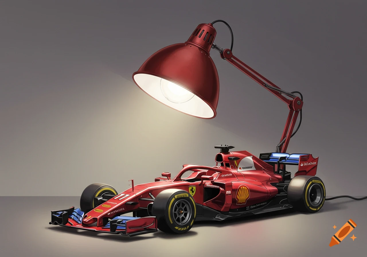 An illustration of a red Formula 1 race car sitting beneath a red desk lamp.