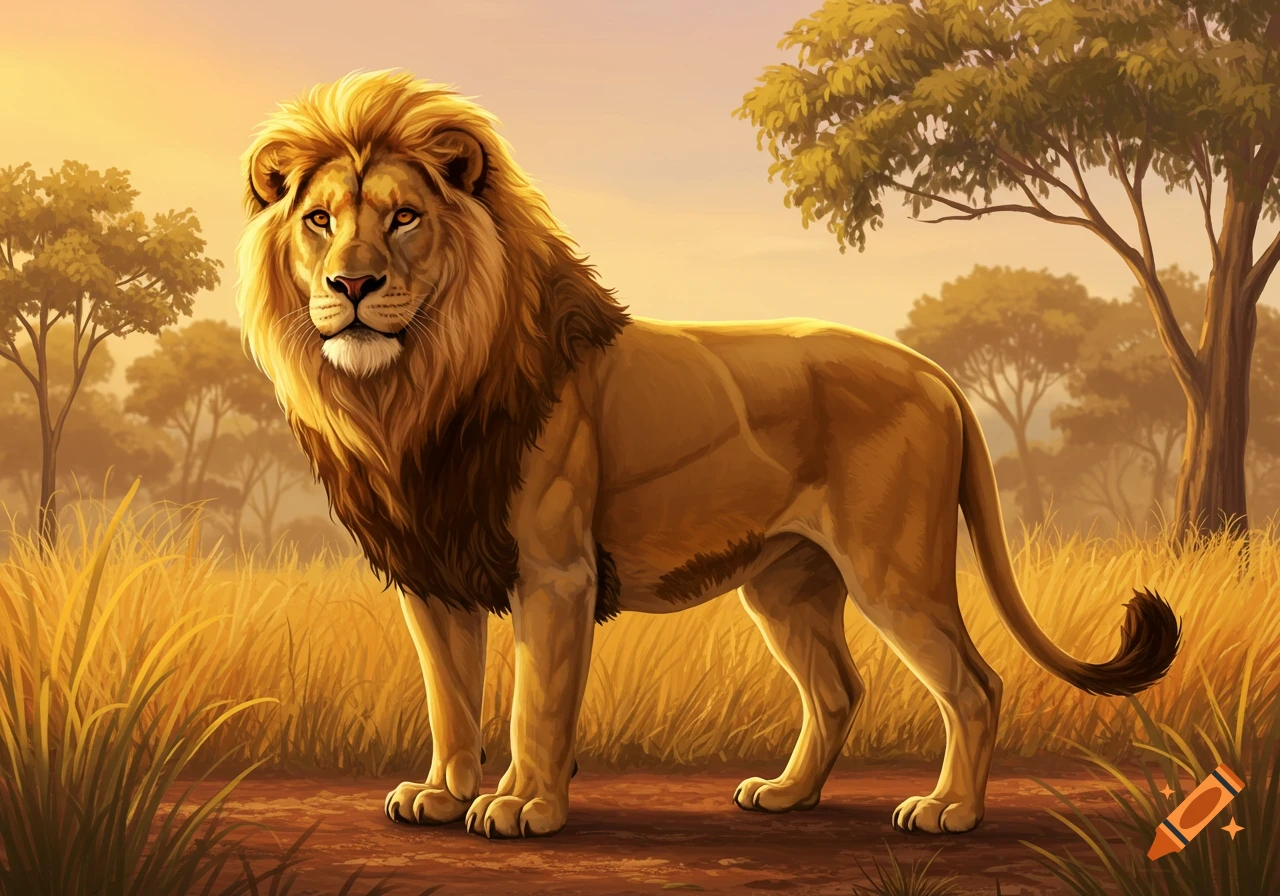 A lion stands in tall grass in a savanna at sunset.