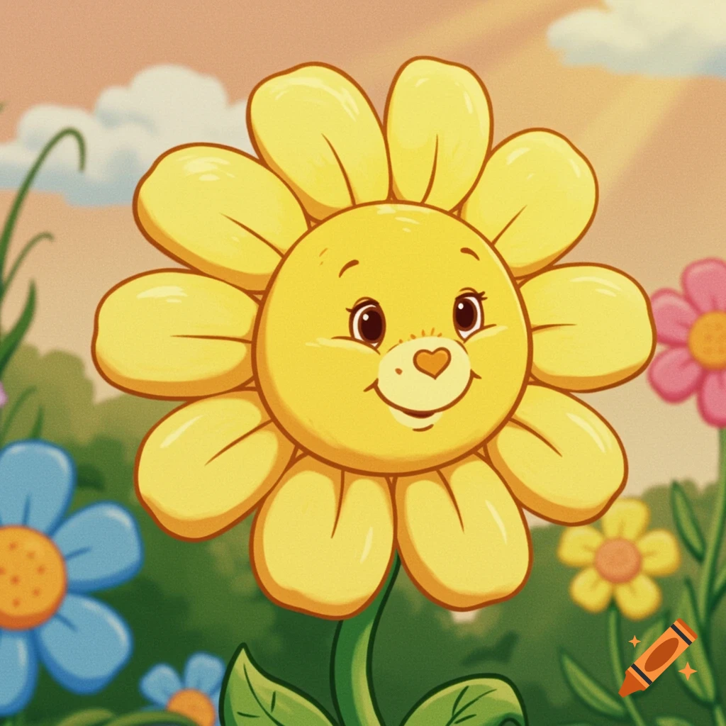 Cartoon yellow flower with a smiling face in a garden